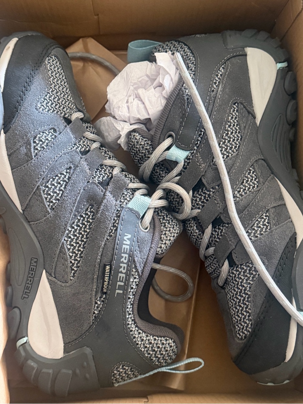 Merrell Women's Gray and Light Blue Waterproof Trail Sneakers